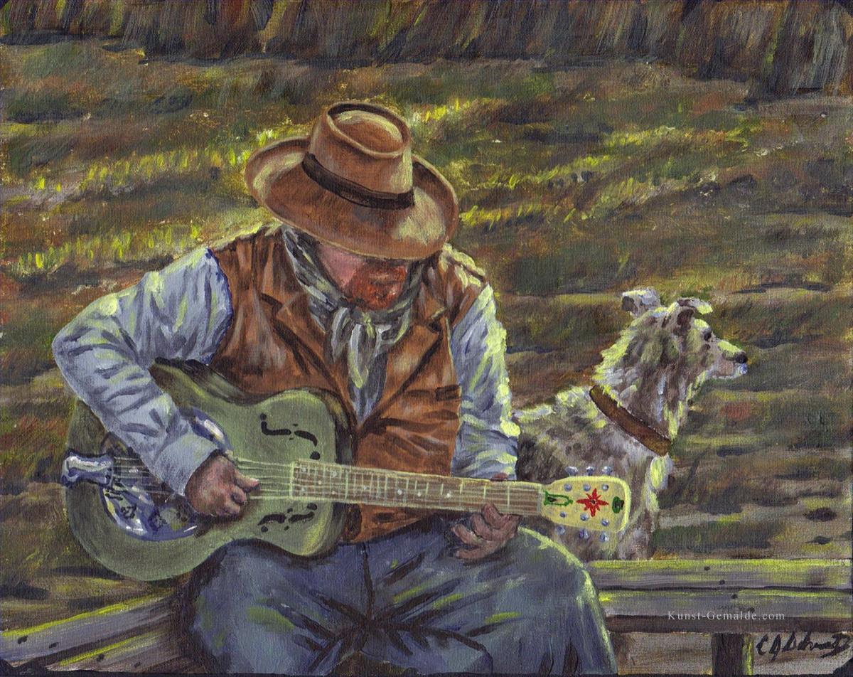 Cowboy spielt Gitarre mit einem Hund Ölgemälde